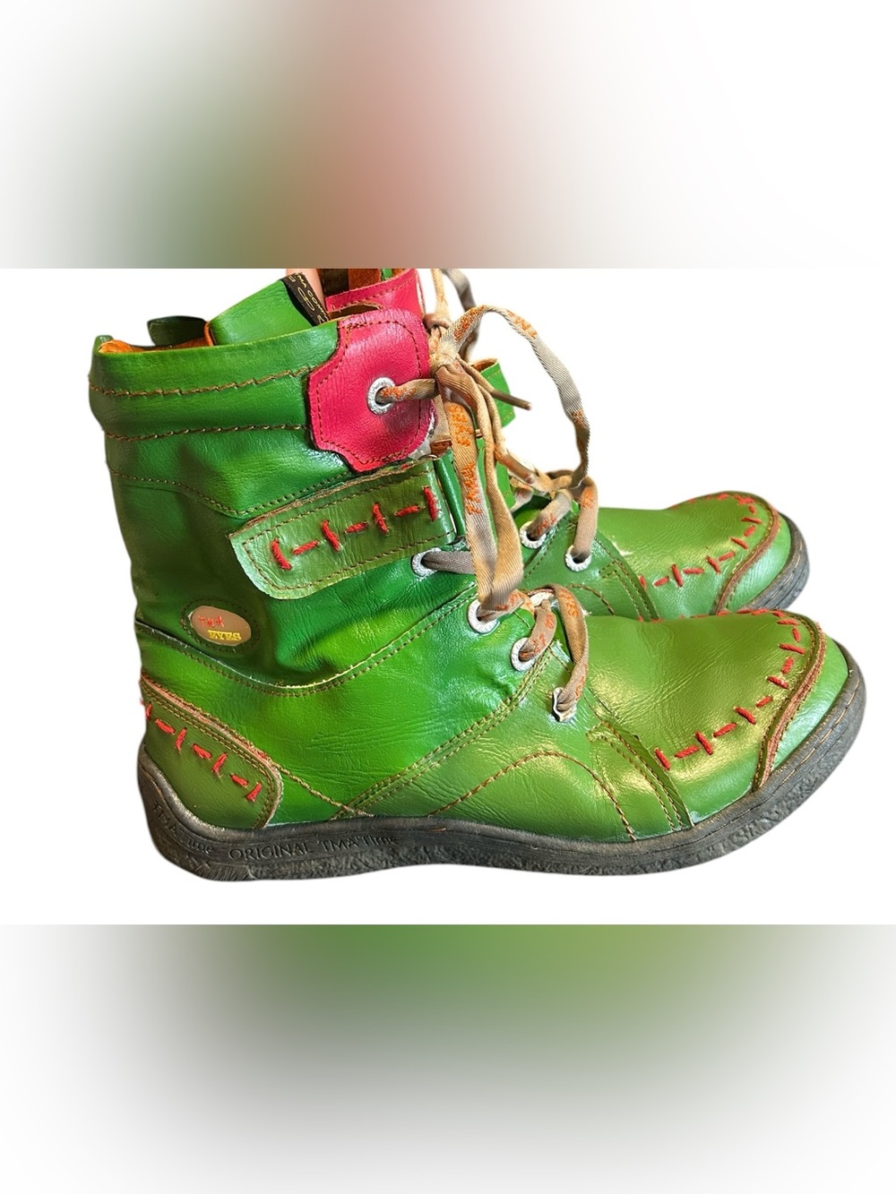 TMA Eyes Green Leather Fur Lined Ankle Boots Chunky Combat Art To Wear 9